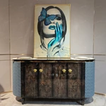 Statement Sideboard Cabinet with Dark Natural Wood Veneer Blue Embossed Side Panels and Gold-Tone Hardware